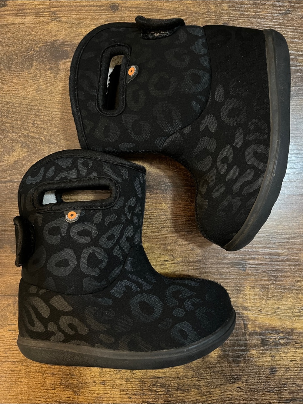Baby Bogs Black Leopard-Pattern Insulated Pull-On Boots, Size 7 toddler